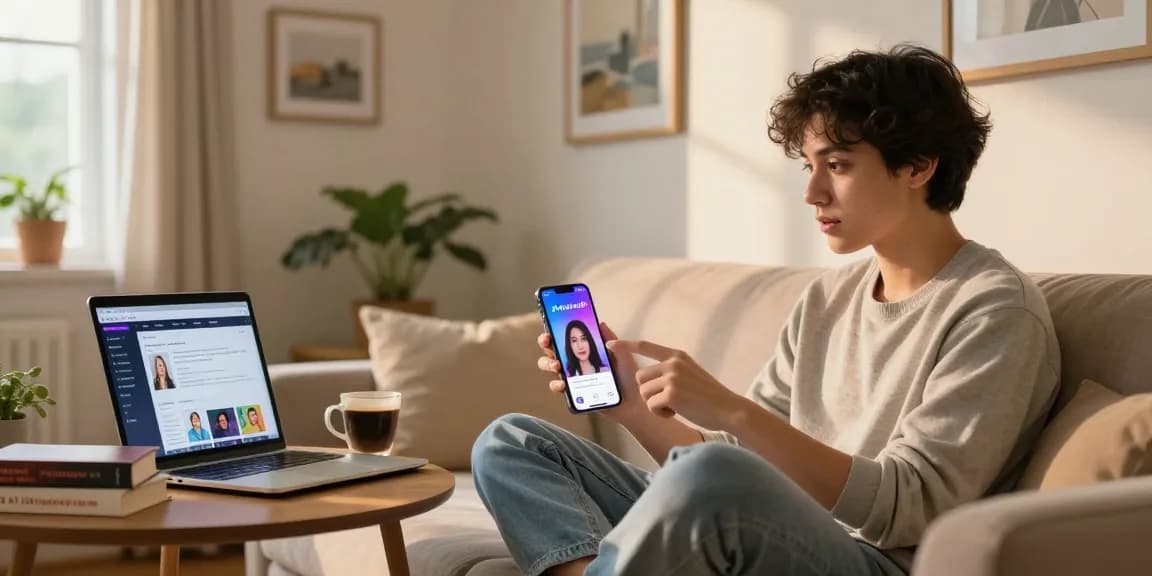 AI girlfriend app being explored by user in cozy living room, showcasing technology and personal connection
