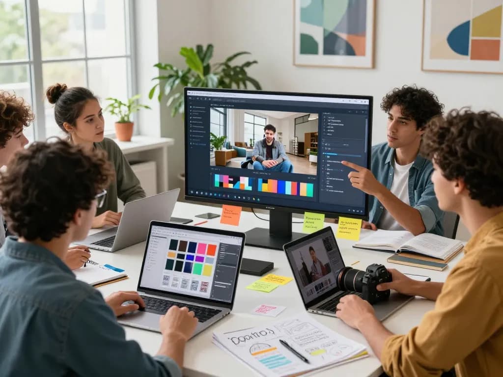 Team using Seedance AI software to create engaging video content in a modern office.