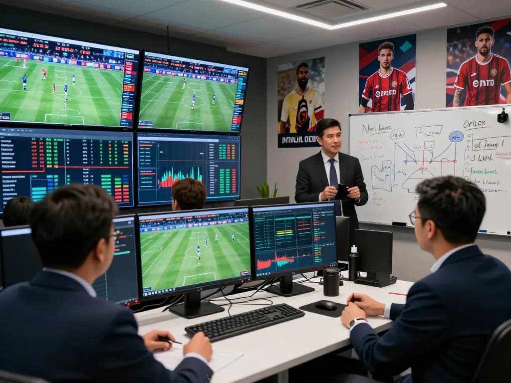 Link vào bongdalu showing sports analysts engaging with live sports data and predictions in a dynamic office.