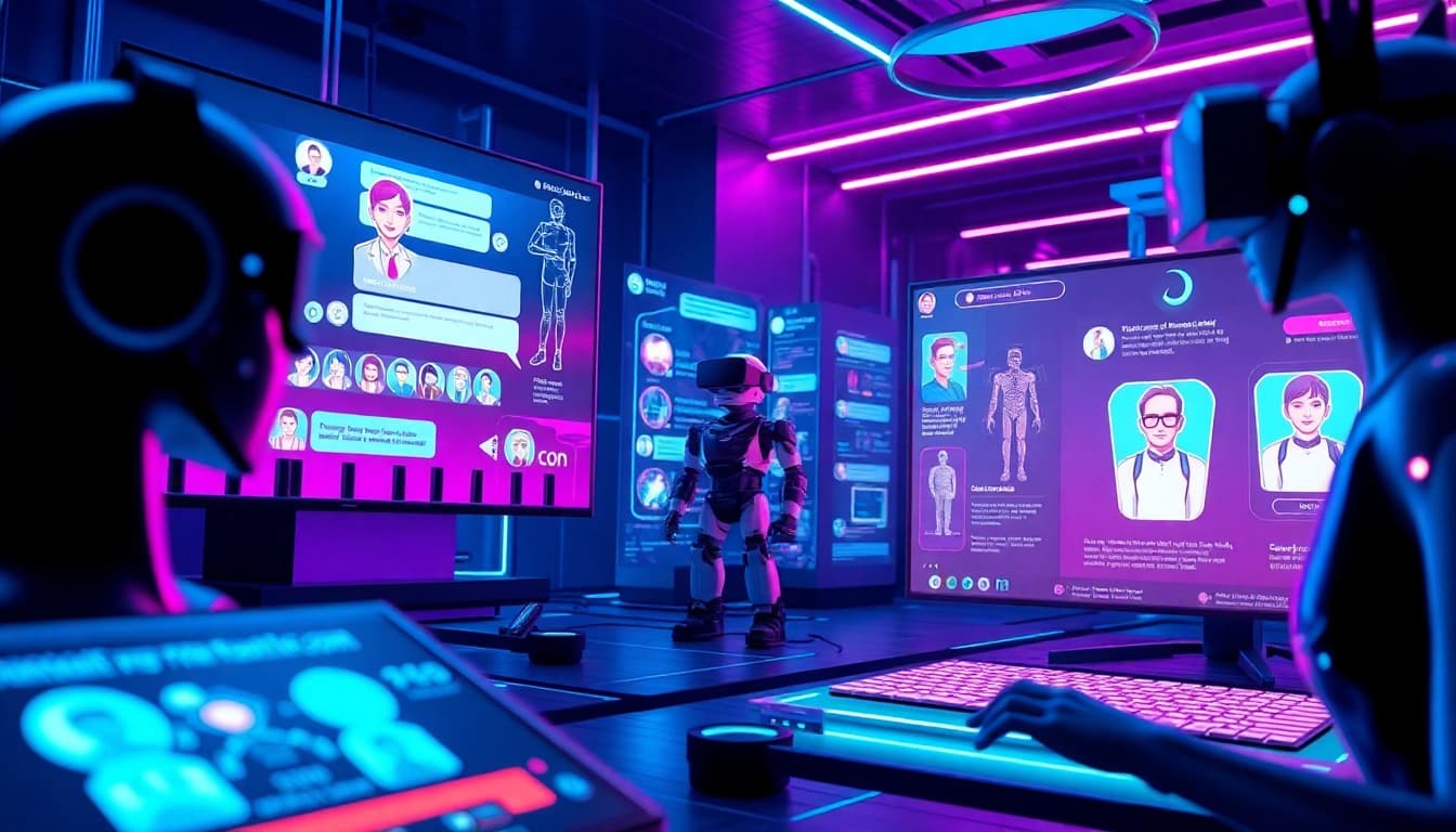 Explore futuristic NSFW AI platforms with interactive chatbots and customizable features in a vibrant digital landscape.