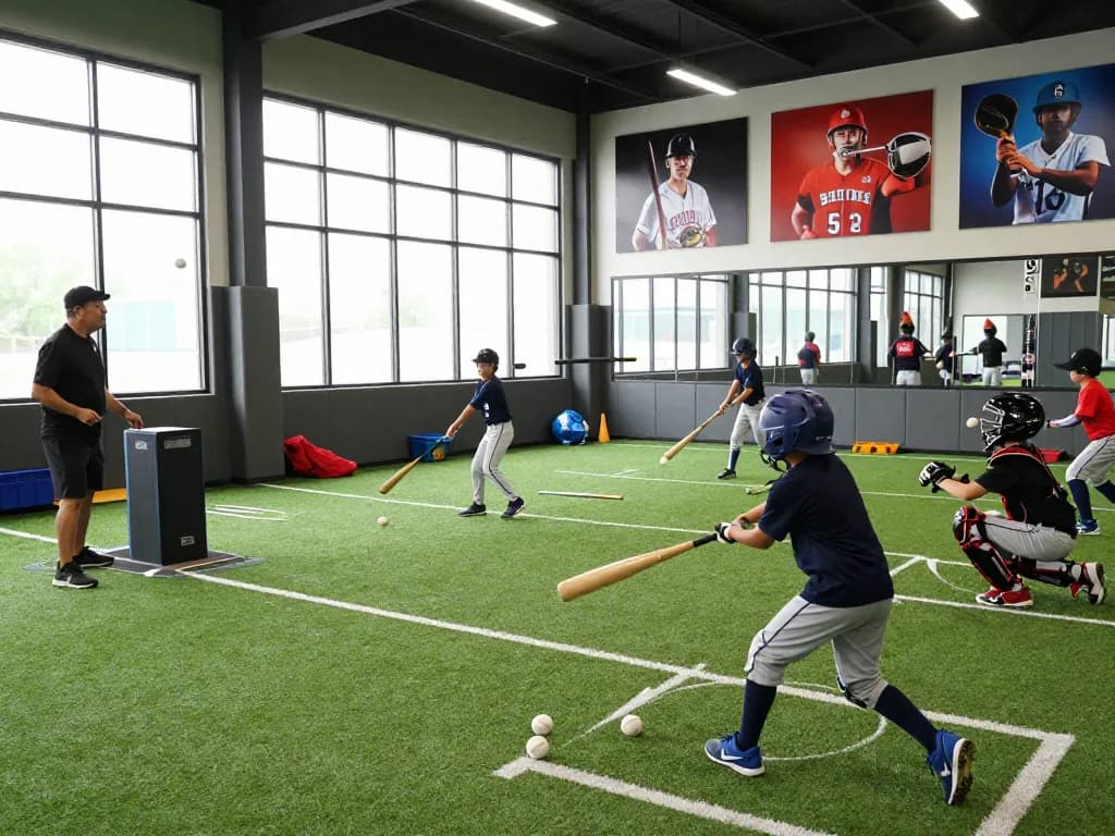 Hitclub young athletes training indoors, practicing baseball techniques with coach guiding them.