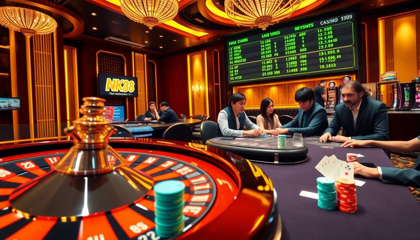 Players enjoying high-stakes games at NK88 casino, highlighting vibrant poker chips and roulette wheel.