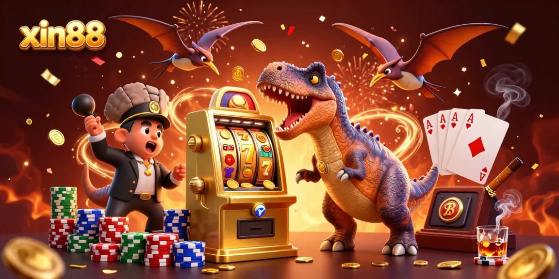 xin88 thrills players as a pachycephalosaurus headbutts a golden slot machine amidst flying coins.
