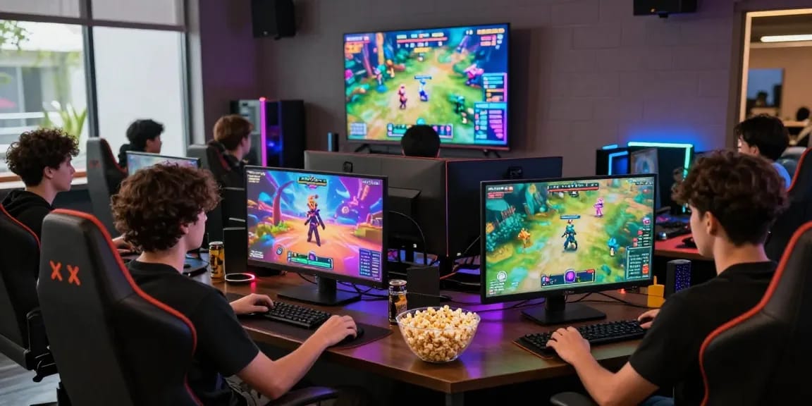 Group playing xxx games in a vibrant gaming lounge with snacks and colorful lighting.