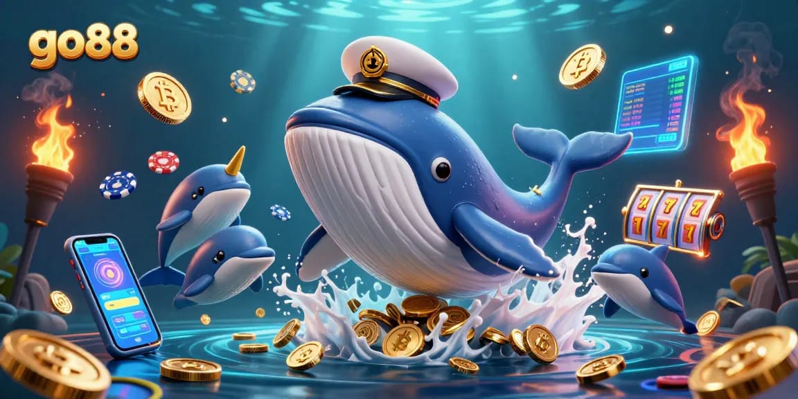 Engage with go88's gaming thrill featuring a whimsical whale breaching in coins, showcasing exciting casino elements.