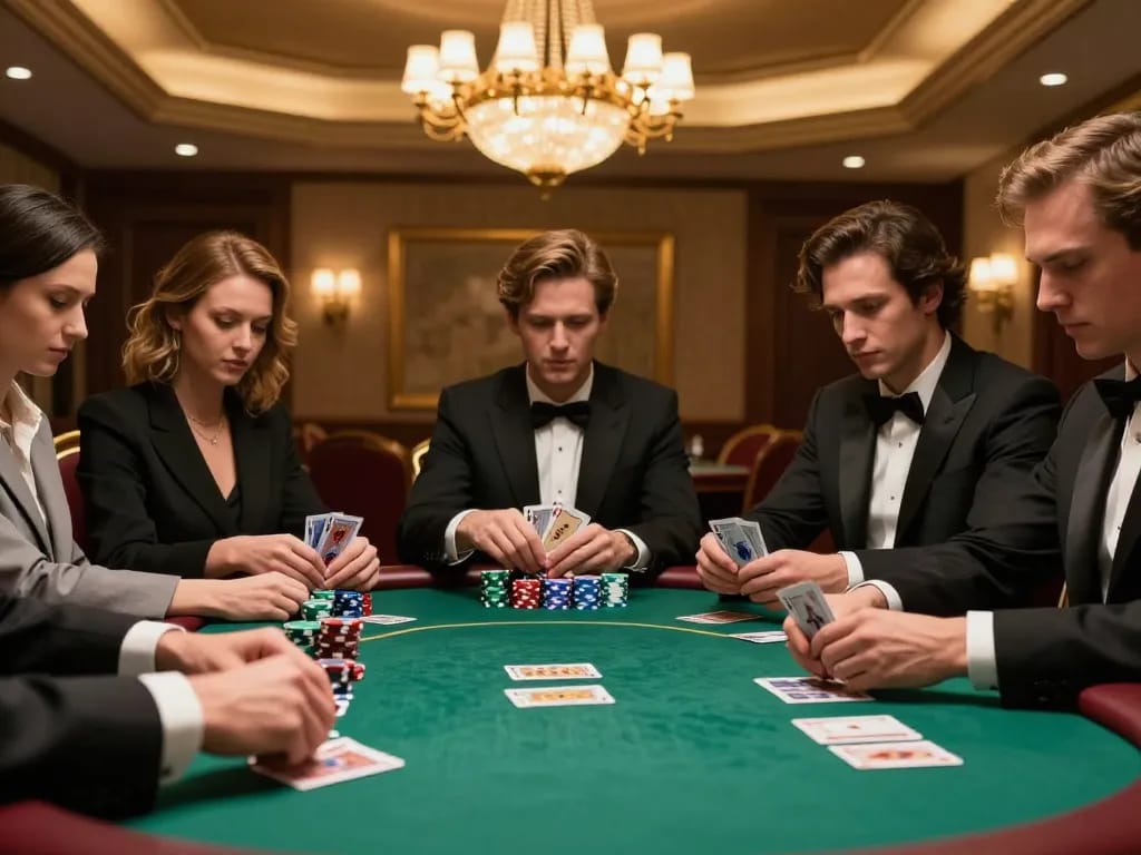 Players strategizing in an intense xx88 poker game, showcasing dramatic moments and luxury atmosphere.