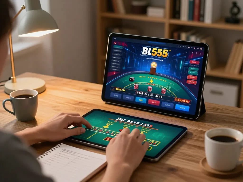 Bl555 mobile betting action with live dealer blackjack on tablet in cozy home setting