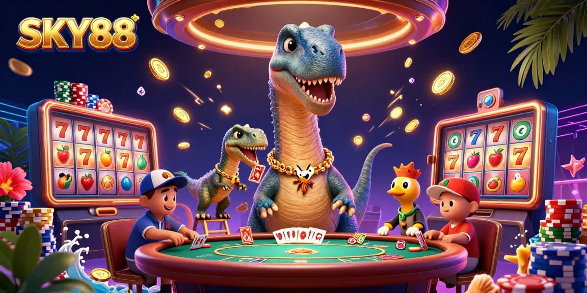 Engage with thrilling games at SKY88, featuring a towering dinosaur and vibrant casino elements.