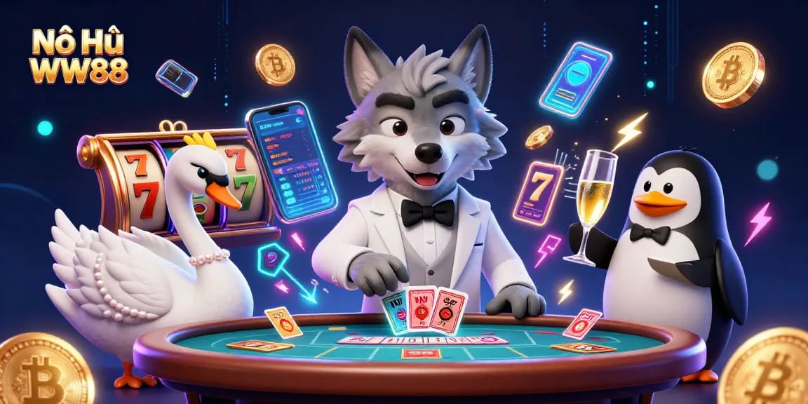 Experience the thrill of Nổ Hũ WW88 with vibrant characters and glowing coins in this captivating digital scene.
