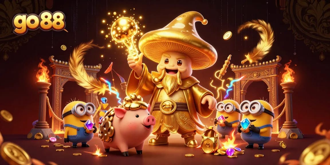 Explore the magic of go 88 in a vibrant 3D illustration featuring wizardry and treasure.