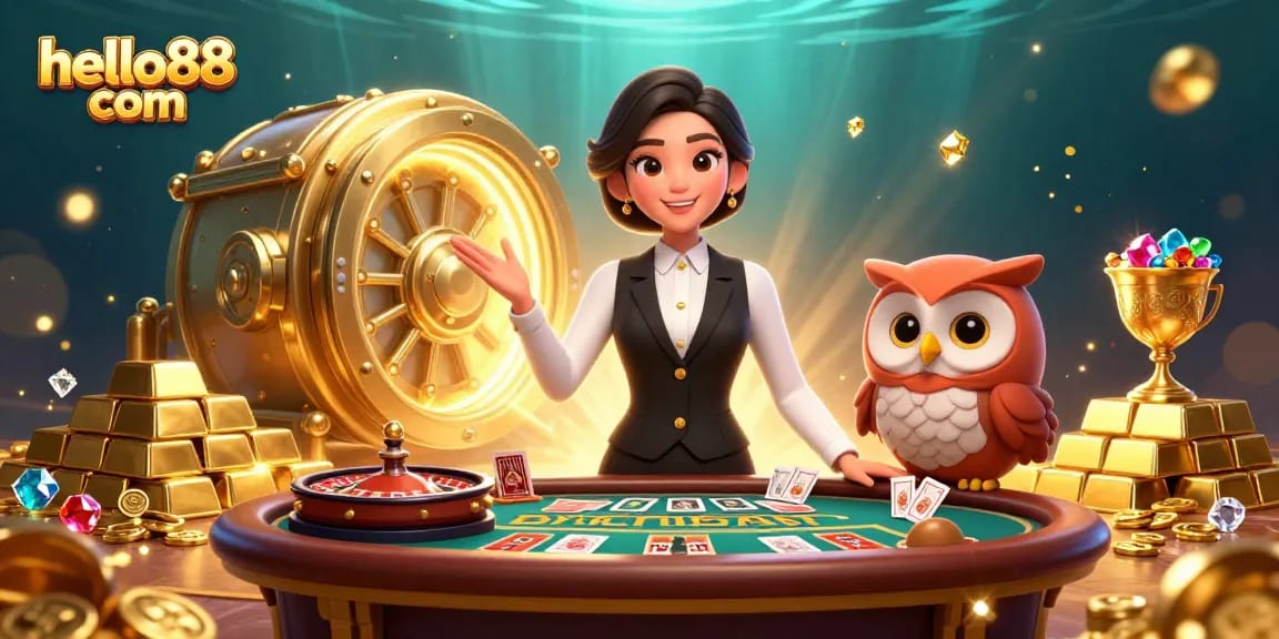 Engage with hello88 com in a vibrant casino scene featuring a baccarat table and rich golden elements.