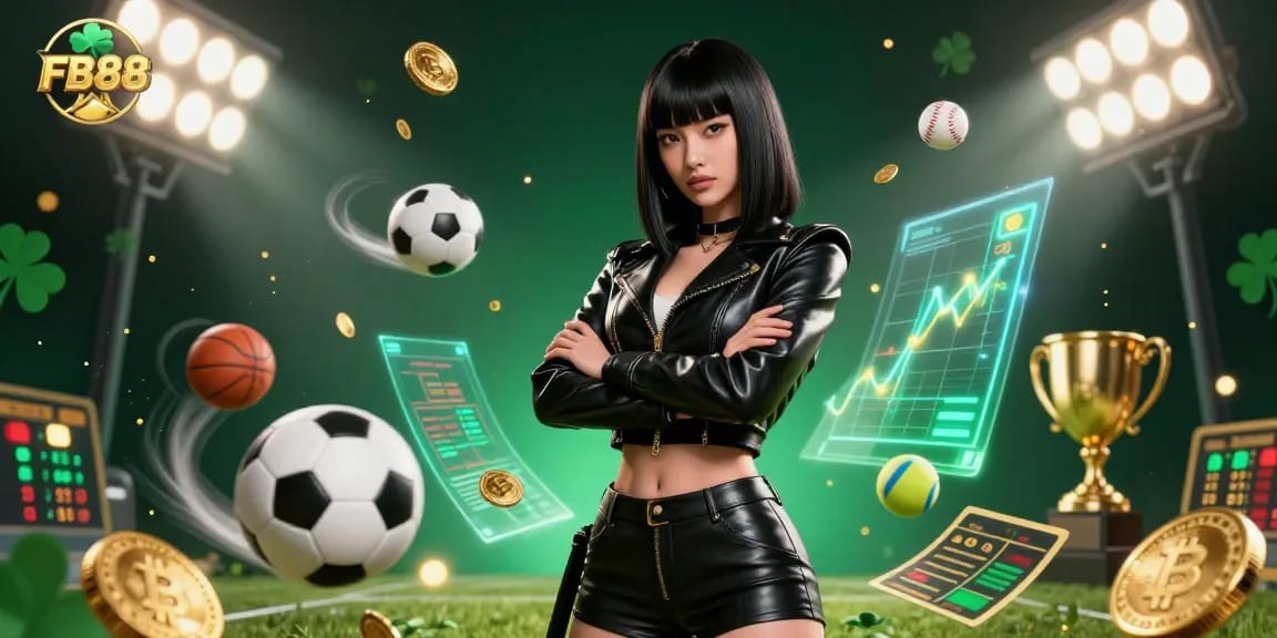 Bet on FB88 with a powerful Asian woman in a futuristic betting scene full of dynamic sports elements.