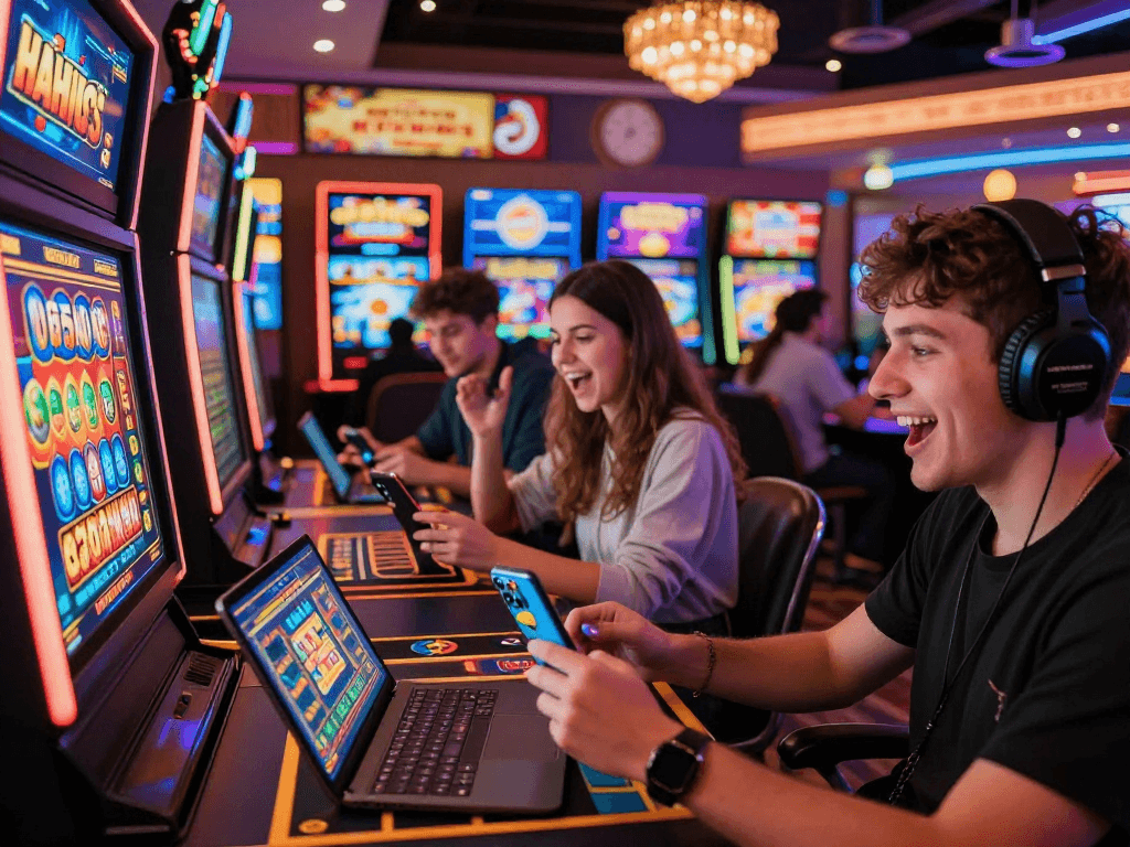 Diverse players engaging at a non gamstop casino, enjoying vibrant games on devices with dynamic graphics and exciting bonuses.