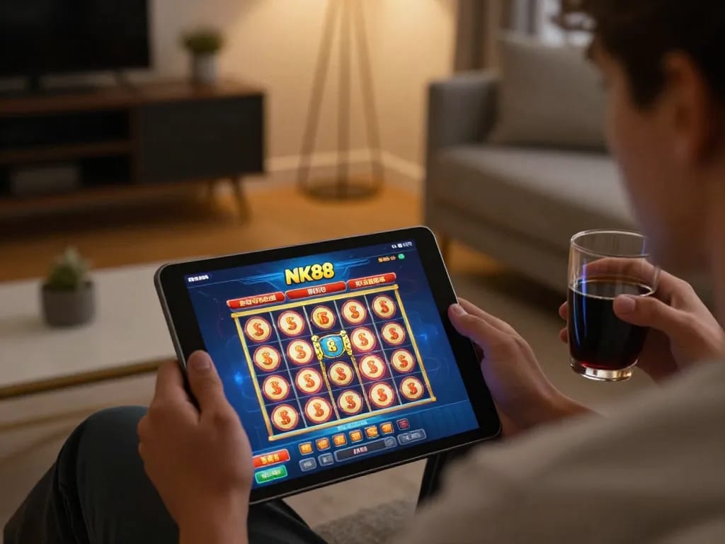 Player enjoying the NK88 casino app on a tablet, showcasing vibrant slots in a cozy home setting.