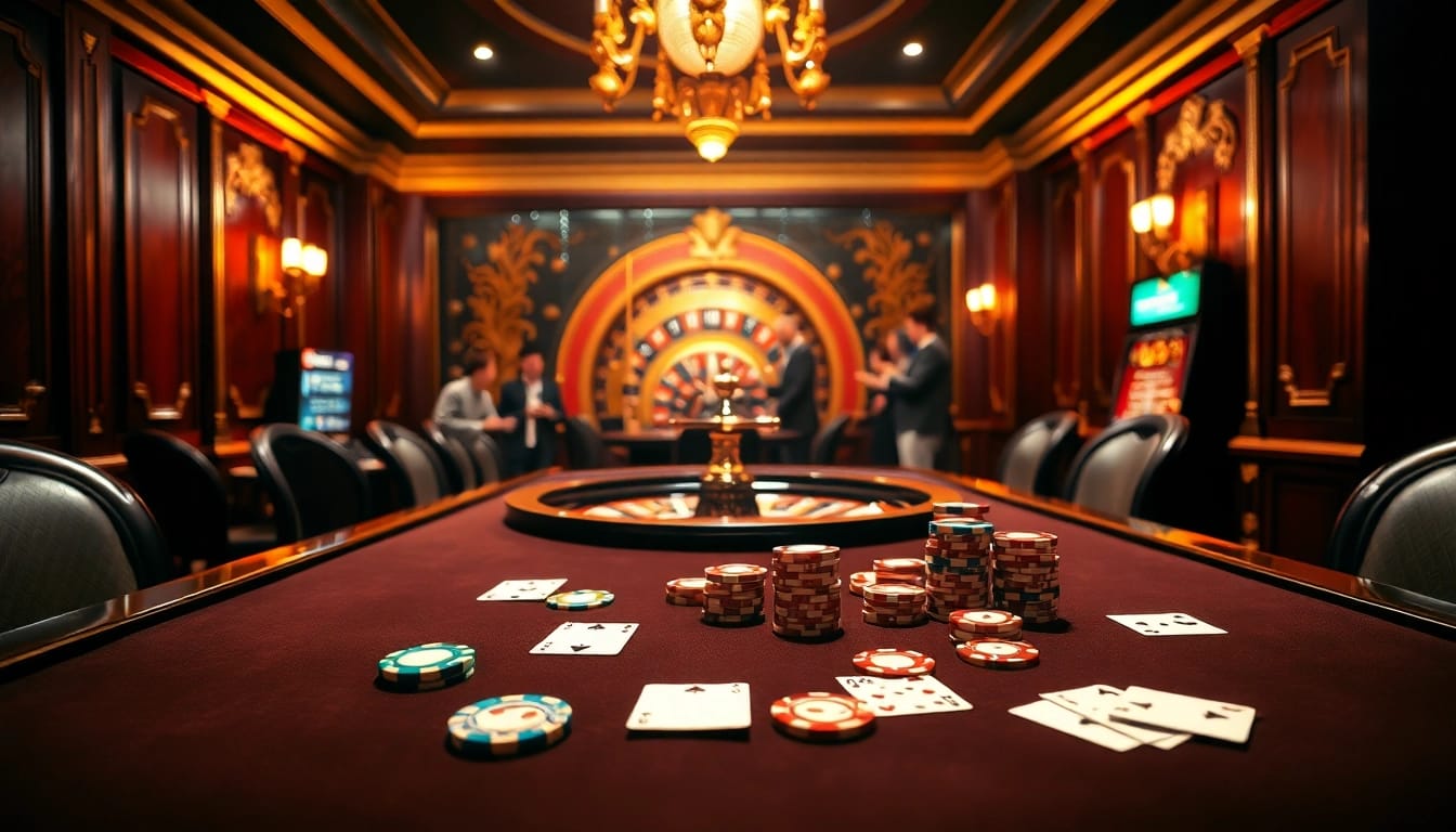 Engaging poker action at https://tg88-vn.jpn.com/ with players and vibrant chips in a luxurious casino setting.