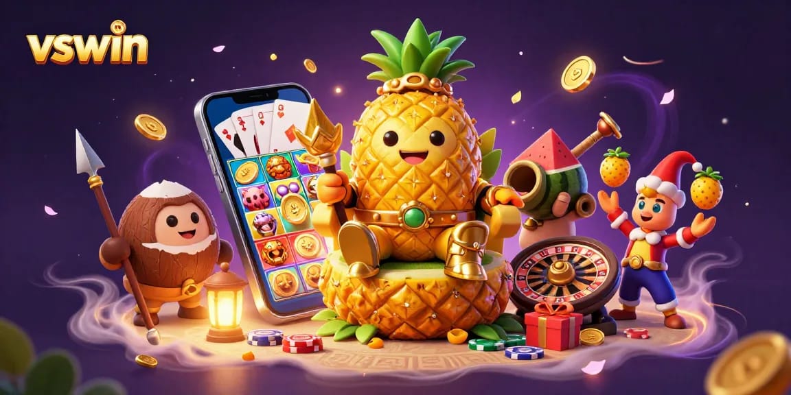 Spin to win at vswin with a vibrant and lively beach casino scene featuring a golden pineapple king.