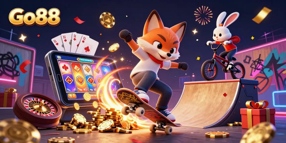 Experience Go88 with a vibrant 3D scene featuring cartoon characters celebrating casino gaming excitement.