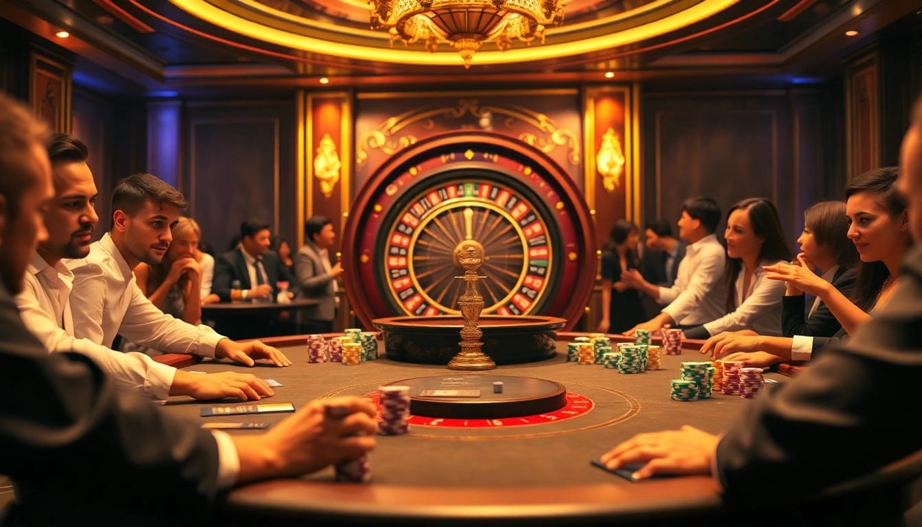 A dynamic casino scene at c54.gb.net featuring an exhilarating poker game with professional dealers and vibrant lighting.