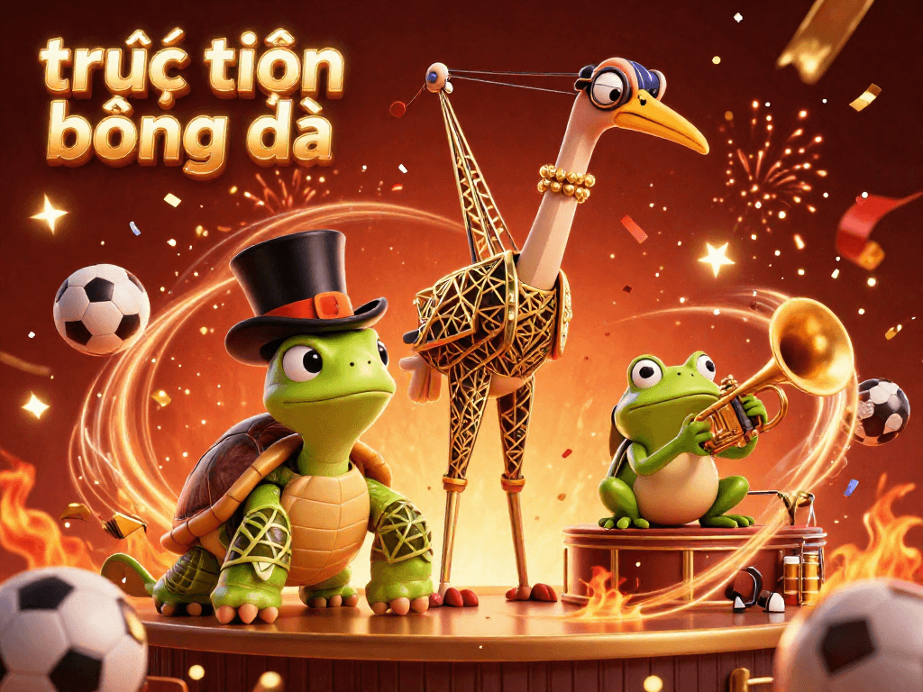 Experience trực tiếp bóng đá with our vibrant gaming atmosphere, featuring dynamic character interactions and colorful trophy displays.