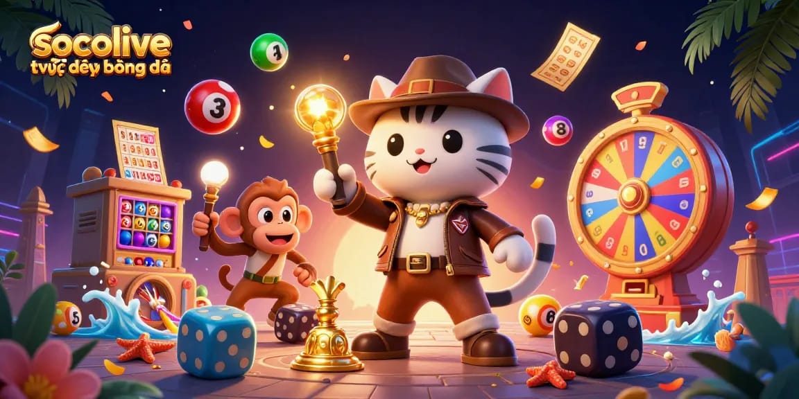 socolive trực tiếp bóng đá brings excitement with a detailed illustration of a cat archaeologist finding a golden artifact among vibrant lottery elements.