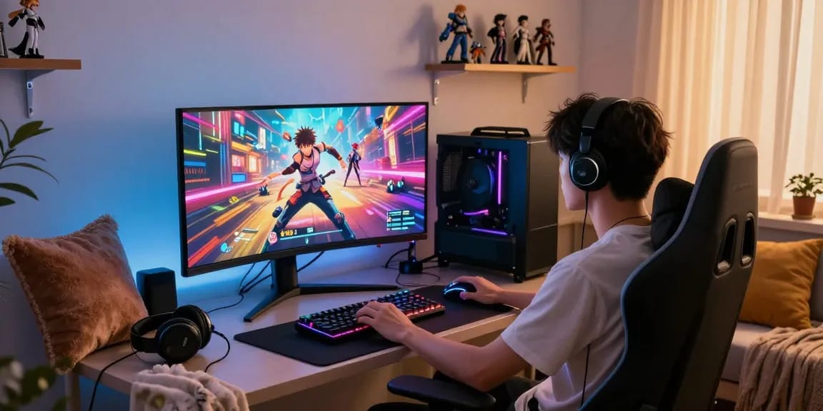 Gamer enjoying dynamic gameplay of hentai games online in a cozy living room