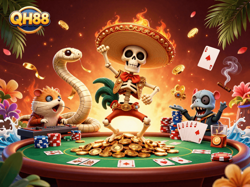 Experience excitement with QH88 as a cartoon skeleton mariachi celebrates on golden coins!