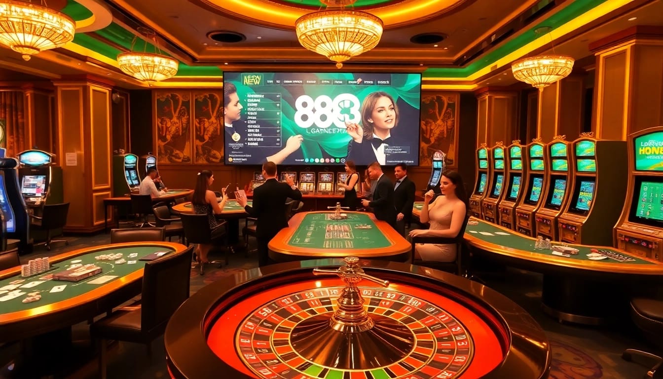 Players enjoy a thrilling game at 888NEW casino, highlighting vibrant tables and engaging dealers.