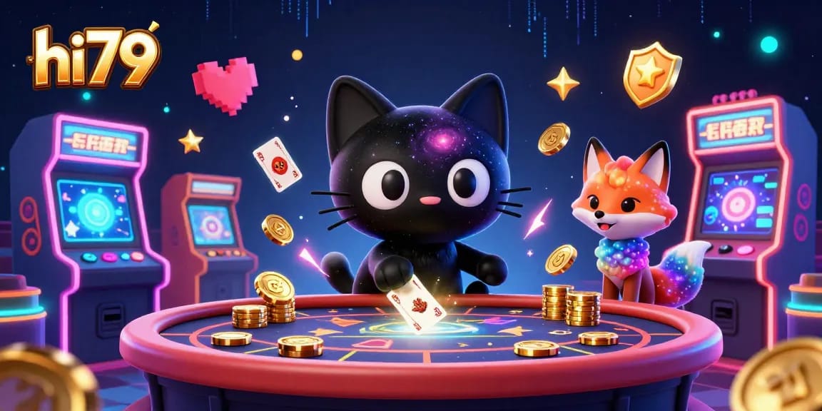 Engage with the excitement of hi79's cosmic casino where a black hole cat draws in chips and cards.