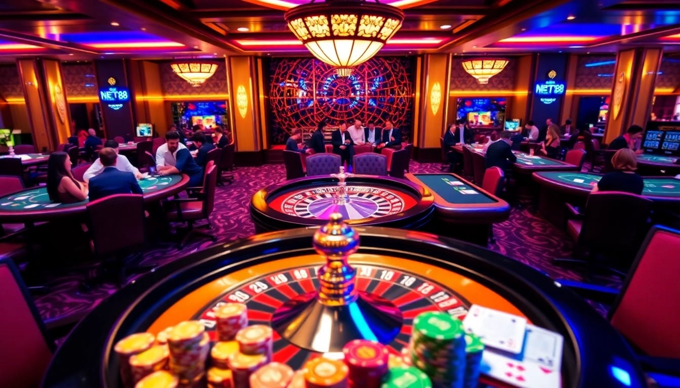 Experience the excitement of one net88 with a vibrant casino scene featuring roulette and poker.