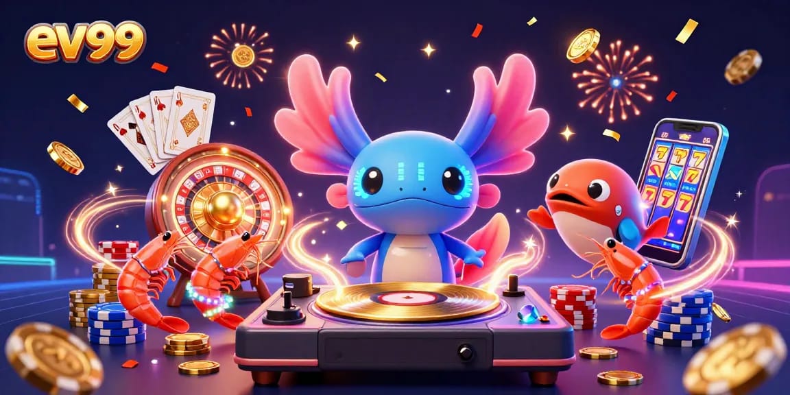 Spin jackpots and win big with ev99's vibrant 3D casino illustration featuring lively characters!