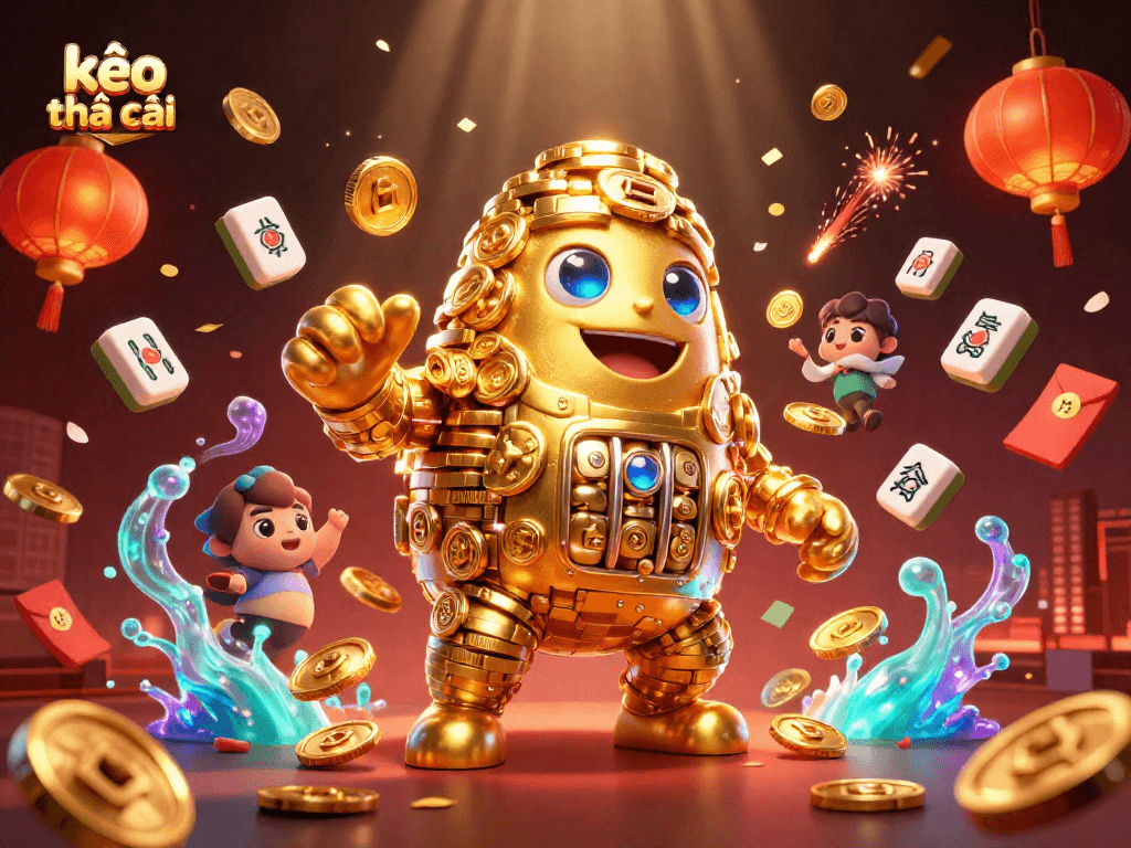 Engage with the kèo nhà cái scene featuring a golden golem, floating mahjong tiles, and glimmering elements.