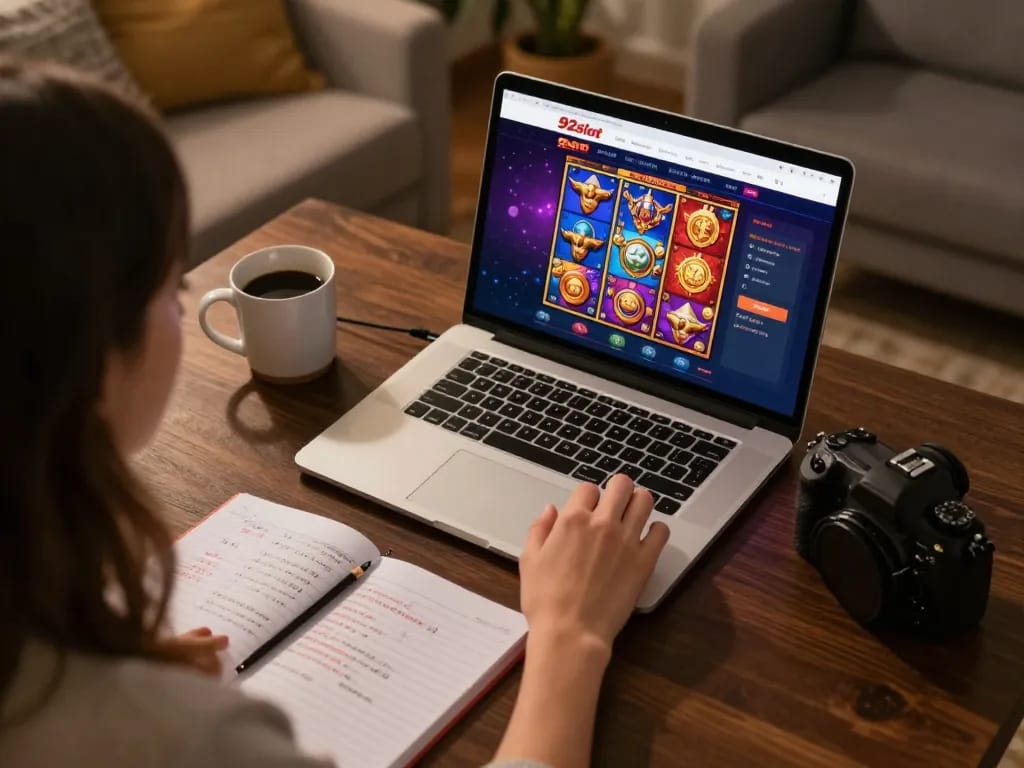 Engaging with the colorful 92slot homepage while strategizing online gambling.
