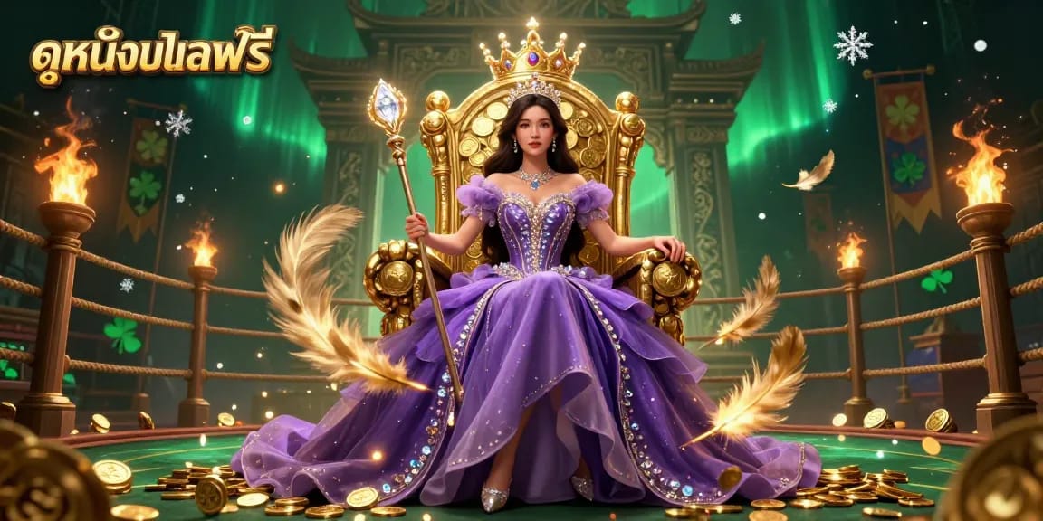 Engage with ดูหนังออนไลน์ฟรี featuring a regal Asian woman in 3D illustration, surrounded by golden gambling elements.