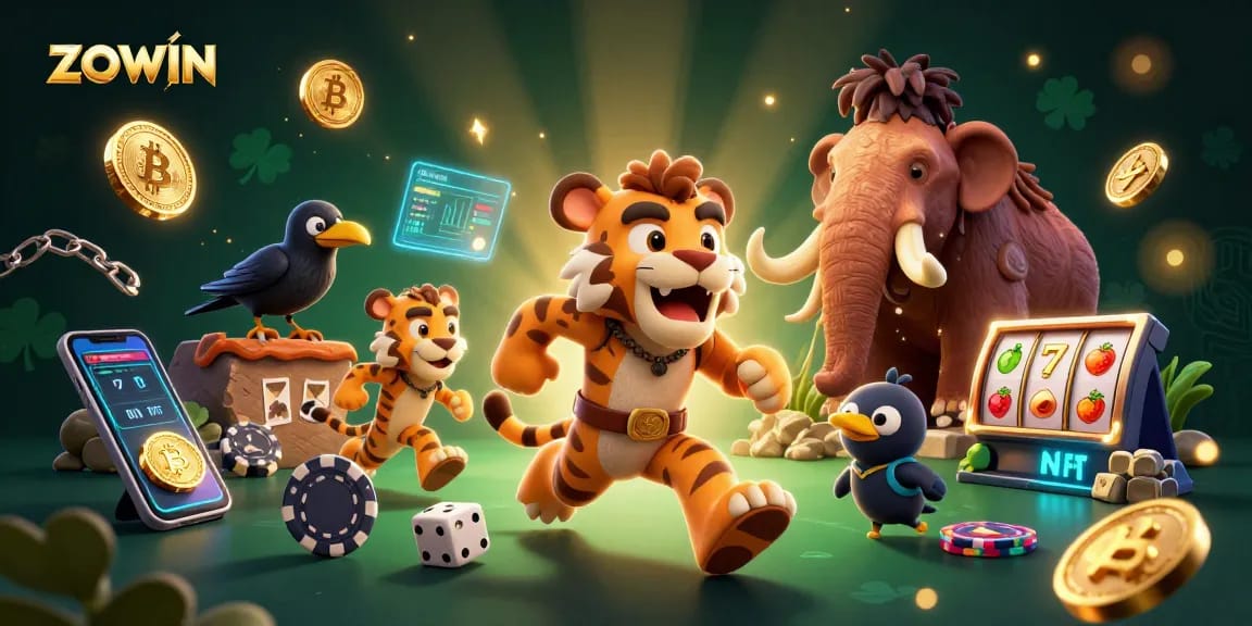ZOWIN casino scene featuring engaging prehistoric characters with slot reels, crypto coins, and vibrant decorations