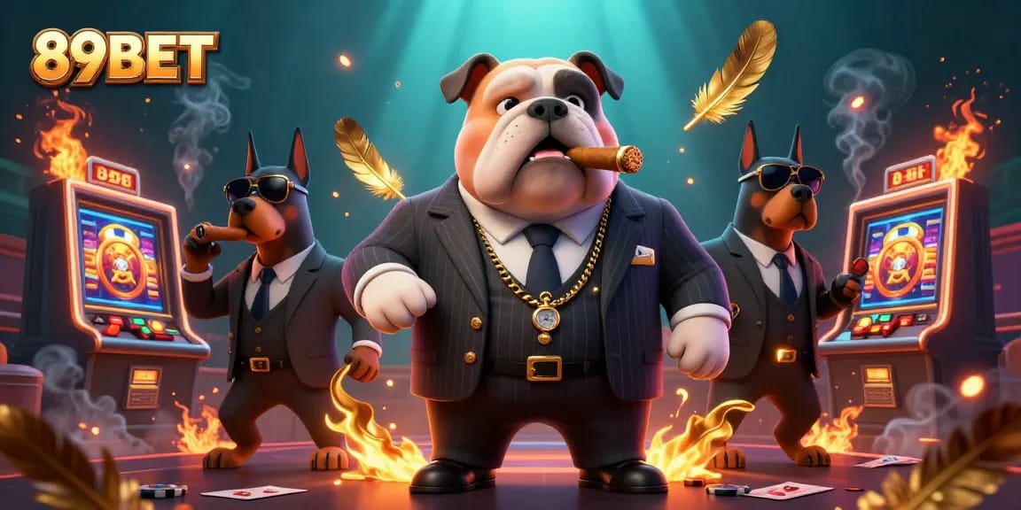Play exciting games and win big with 89BET in this vibrant casino scene featuring a cartoon mafia bulldog.
