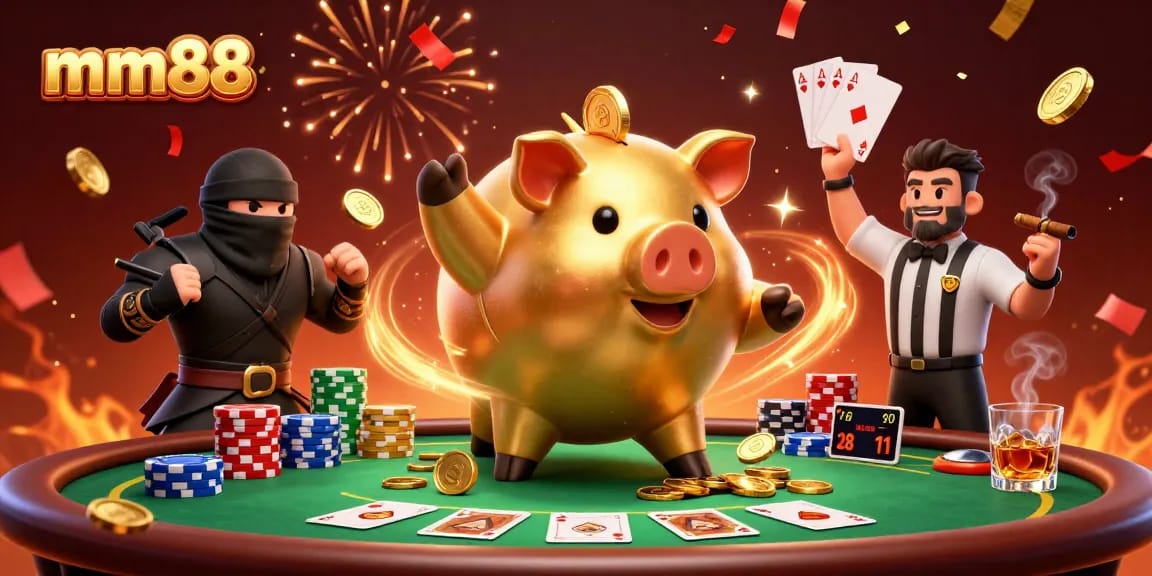 Experience epic wins at mm88: a sumo wrestler piggy bank shakes loose coins and celebrates with vibrant gaming elements.