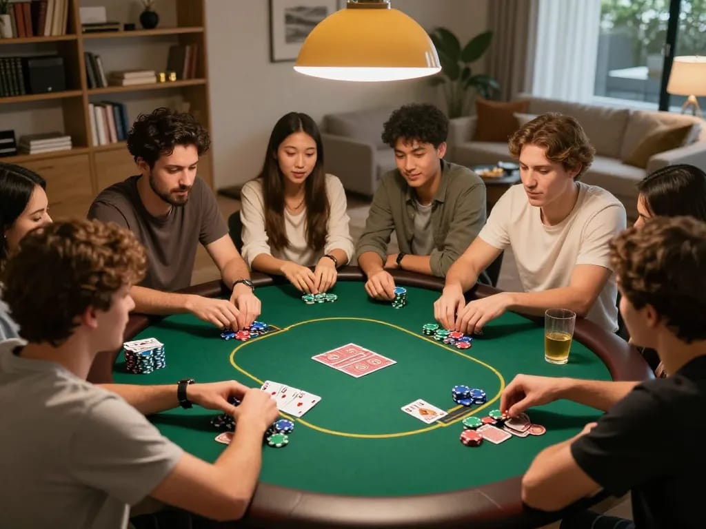 Engaged friends playing poker together at home, showcasing the social fun of gamebaidoithuong8.
