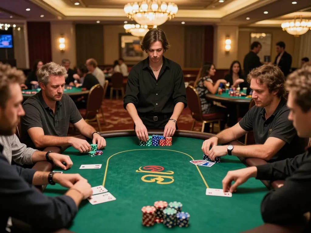Players engaging in high-stakes poker at a vibrant casino, showcasing the spirit of uk88 gaming