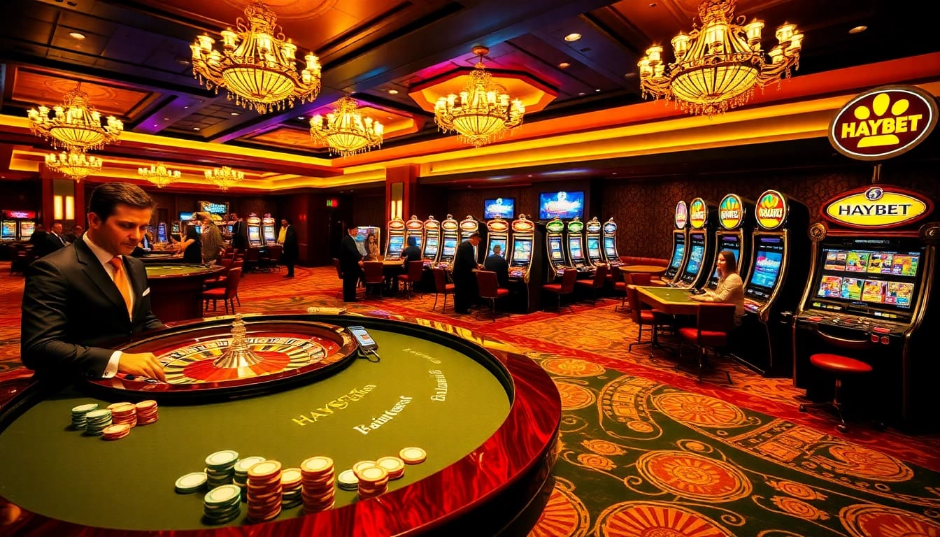 Players enjoying high-stakes games at HAYBET's luxurious casino, featuring roulette and slot machines.