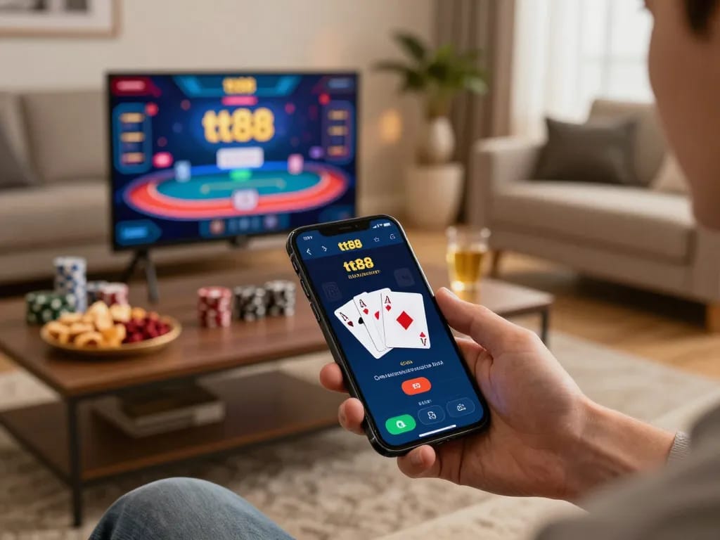 Engaging in a thrilling online poker session with tt88’s app on smartphone, enhancing gaming experience at home.