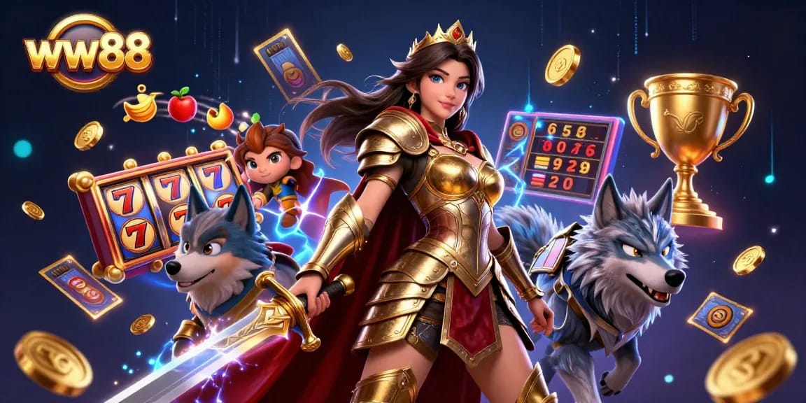Experience the thrill of winning with ww88 and golden slot elements in this vibrant casino illustration.