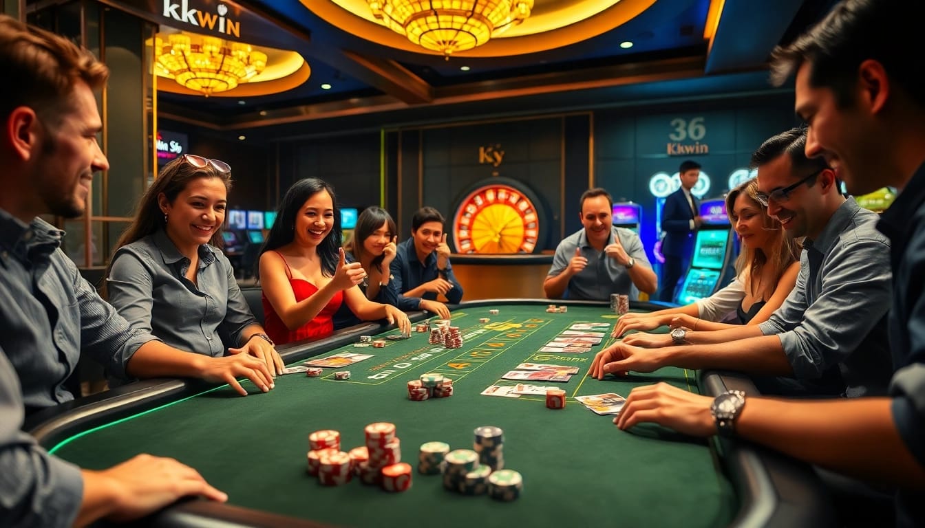 Exciting kkwin casino scene with players at a vibrant gaming table, colorful chips and cards.