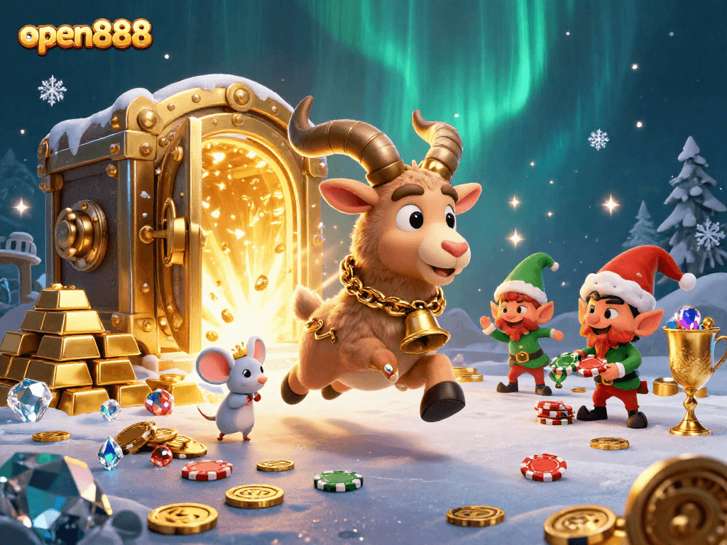 Join the fun at open888 as Krampus oversees a whimsical, chaotic casino scene filled with treasures.