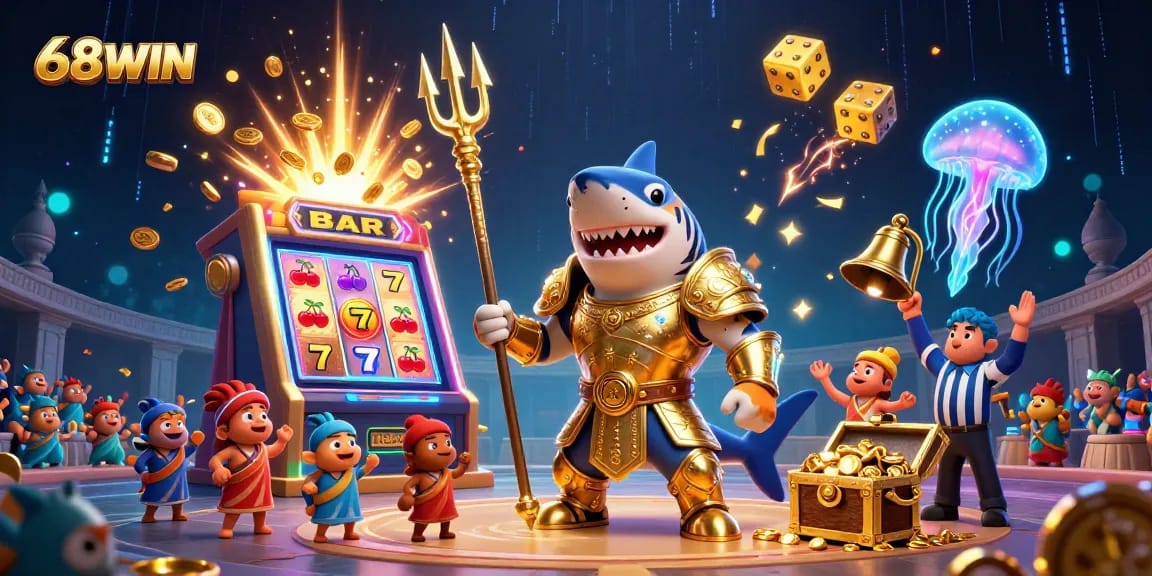 Experience thrilling gameplay at 68WIN with a dynamic underwater casino scene featuring wild characters and exciting jackpots.