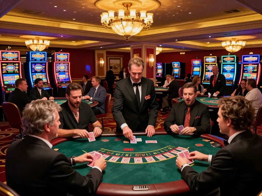 Experience the excitement of go8 casino floor with players winning at Blackjack tables in luxurious ambiance.