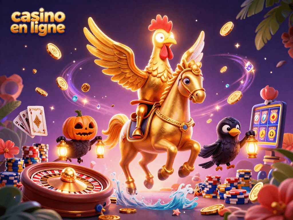 Profitez des jeux passionnants de casino en ligne avec un rooster doré et ses amis lors d'une nuit magique.