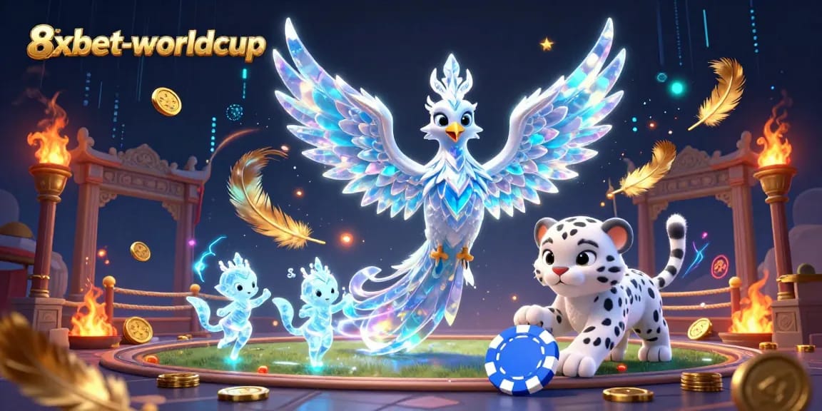 8xbet-worldcup engages bettors with an electrifying 3D illustration featuring phoenix and playful snow leopard.