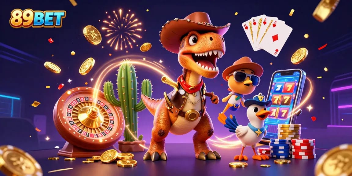 Experience thrilling 89BET casino action with animated characters amidst vibrant gaming elements.