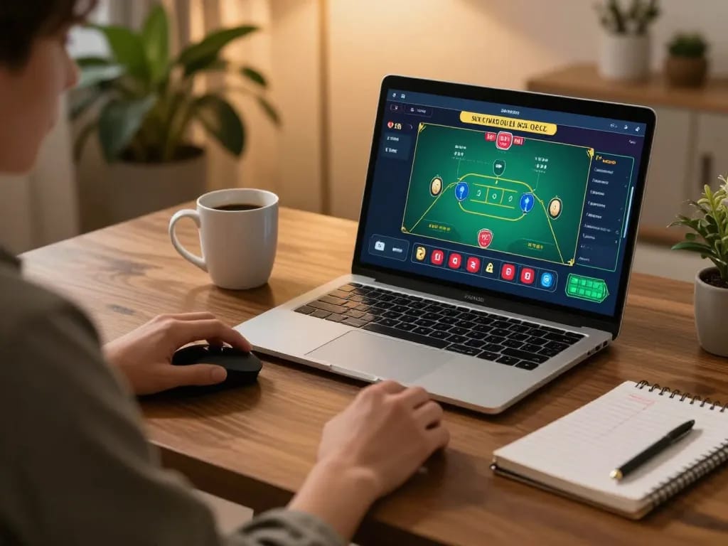 Player placing bets at sky88 online blackjack table in comfortable home setting