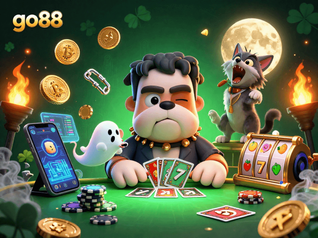 Engage with go88's dynamic gaming scene featuring a Frankenstein bulldog dealing cards amidst crypto elements.